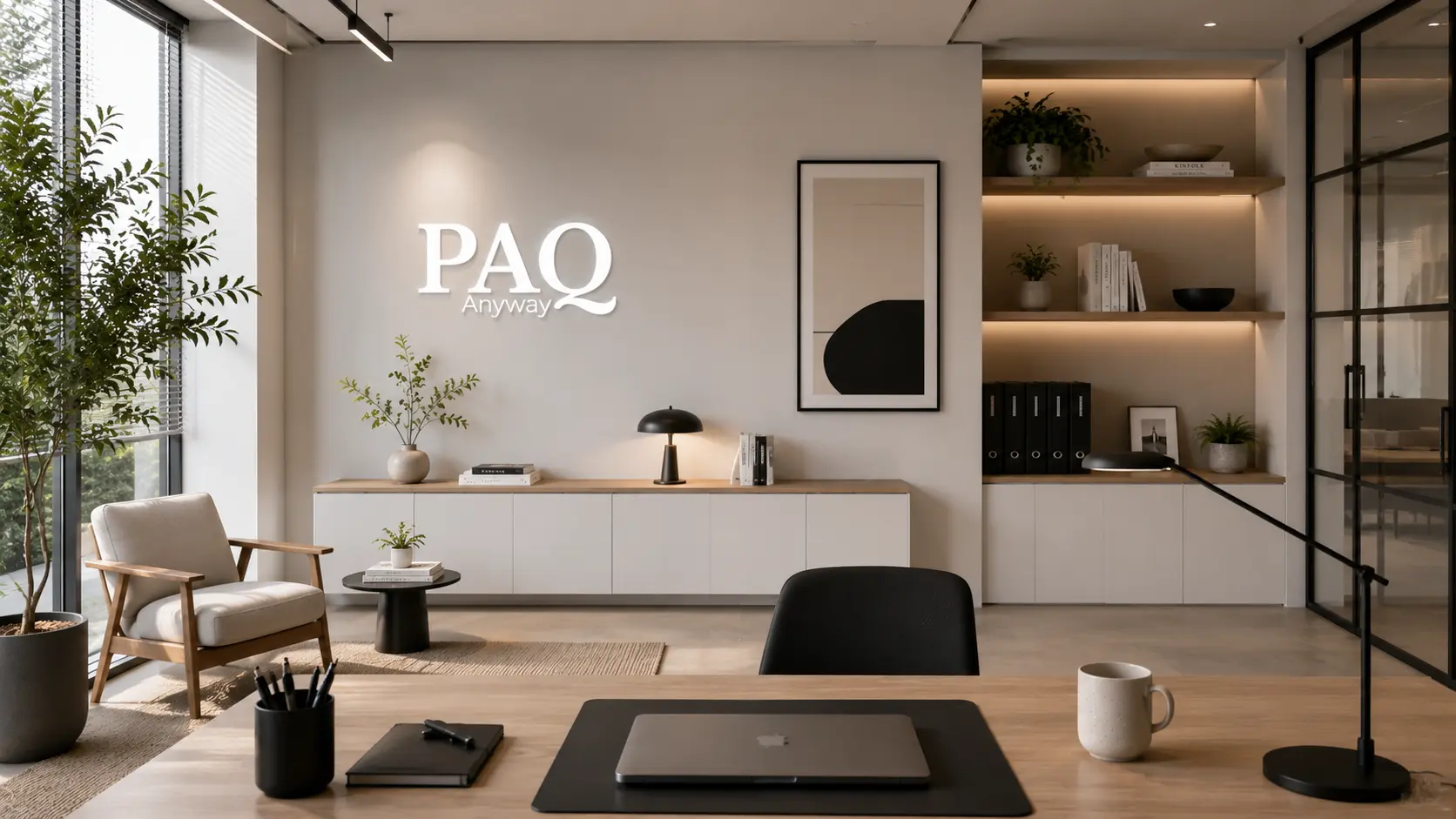 The PAQ Anyway office interior, with desks, plants and the PAQ Anyway logo on the wall