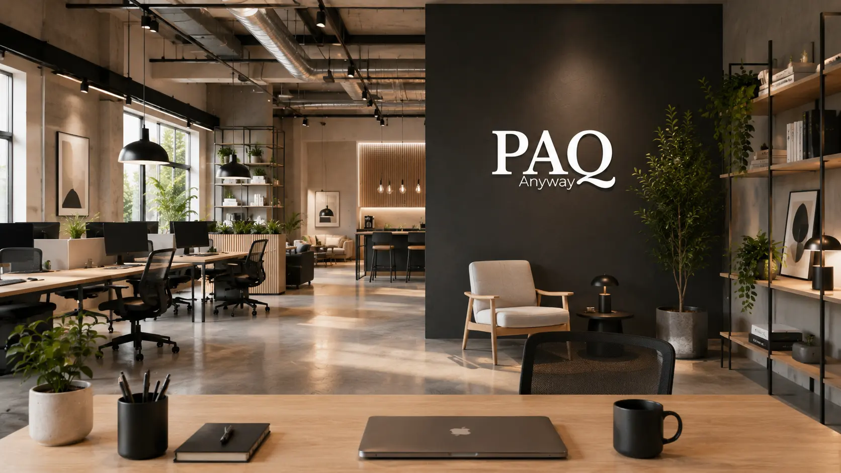 The PAQ Anyway office, a modern open-plan workspace with the PAQ Anyway logo on the wall